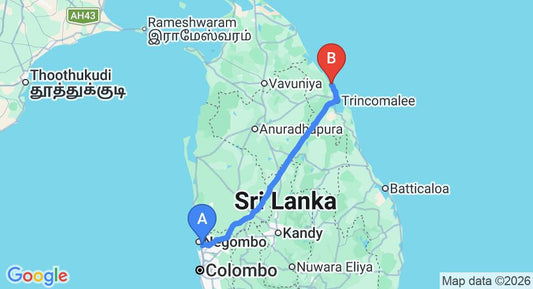 Driving route map: Colombo Airport (CMB) to Amanta Beach, Nilaveli (254 km, approx 5 h 13 min private transfer)