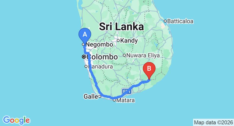 Driving route map: Colombo Airport (CMB) to Chenra Hotel, Kataragama (286 km, approx 3 h 48 min private transfer)