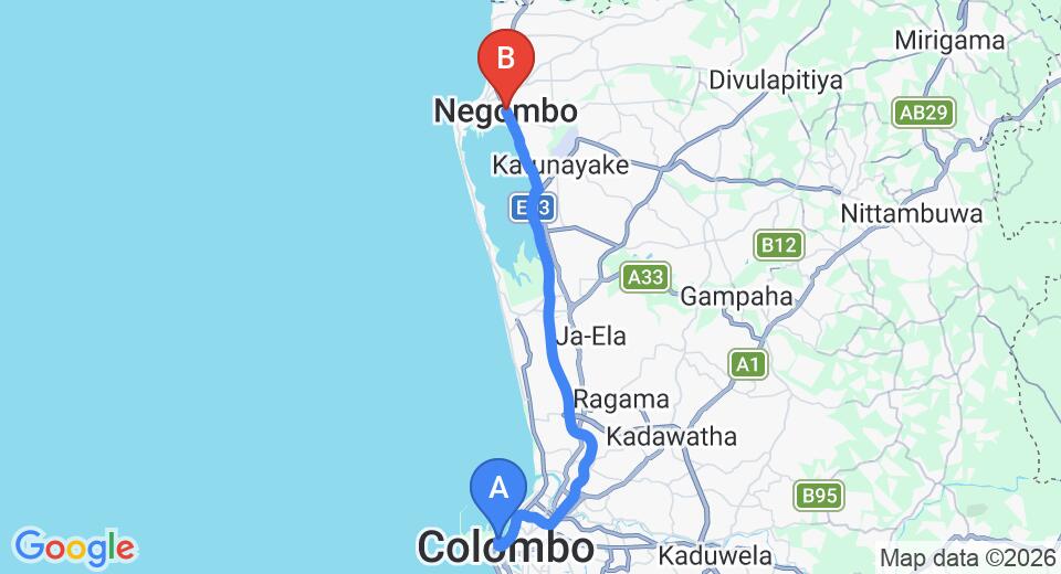 Driving route map: Colombo Seaport to Negombo (37 km, approx 43 min private transfer)