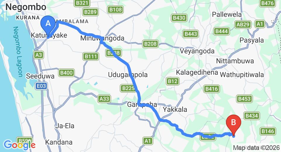 Driving route map: Colombo Airport (CMB) to The Hideaway, Wathurugama (35 km, approx 1 h 9 min private transfer)