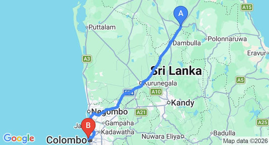 Driving route map: Habarana to Colombo Seaport (183 km, approx 3 h 45 min private transfer)