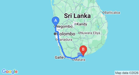 Driving route map: Colombo Airport (CMB) to Taragala Place, Kalametiya (230 km, approx 3 h 10 min private transfer)
