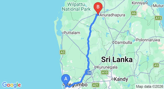 Driving route map: Colombo Airport (CMB) to Anuradhapura (174 km, approx 3 h 45 min private transfer)