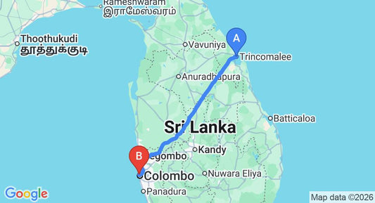 Driving route map: Trincomalee to Colombo Seaport (267 km, approx 5 h 18 min private transfer)