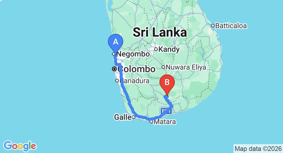 Driving route map: Colombo Airport (CMB) to Wild Elephas Lodge, Udawalawe (263 km, approx 3 h 44 min private transfer)