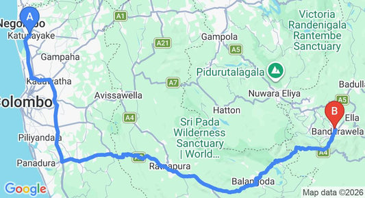 Driving route map: Colombo Airport (CMB) to Saffron Hill House, Bandarawela (219 km, approx 5 h 20 min private transfer)