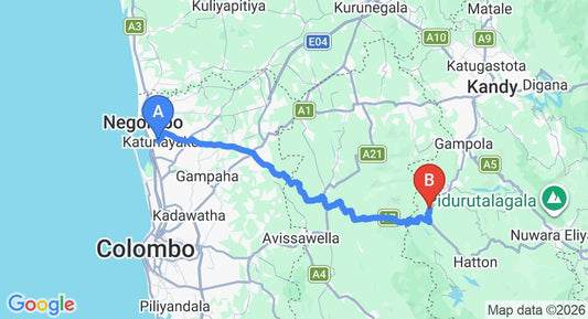 Driving route map: Colombo Airport (CMB) to Nawalapitiya (100 km, approx 3 h 1 min private transfer)