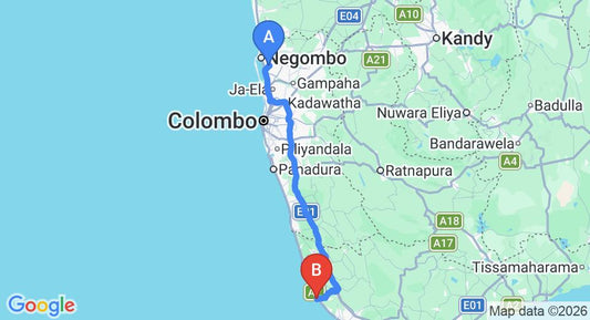 Driving route map: Colombo Airport (CMB) to Coral Sands Hotel, Hikkaduwa (144 km, approx 2 h 8 min private transfer)