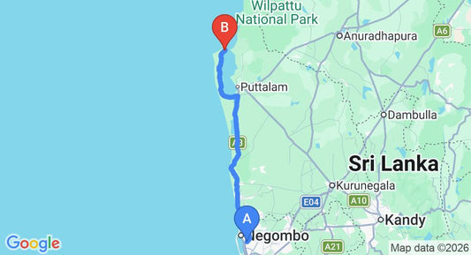 Driving route map: Colombo Airport (CMB) to Diyamba, Kalpitiya (140 km, approx 3 h 17 min private transfer)