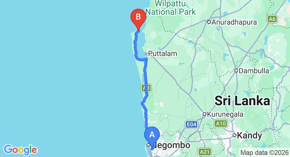 Driving route map: Colombo Airport (CMB) to Citrus Kalpitiya, Kalpitiya (140 km, approx 3 h 17 min private transfer)