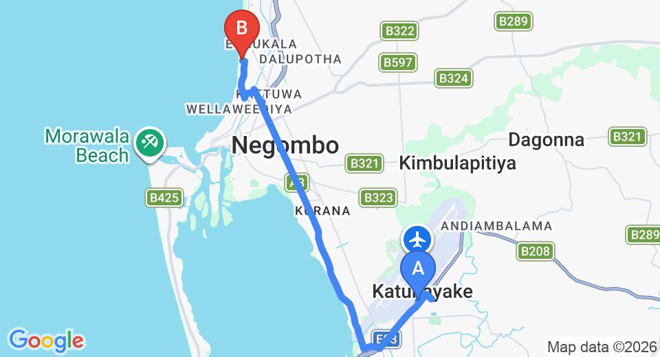 Driving route map: Colombo Airport (CMB) to The Beach - All Suite Hotel, Negombo (13 km, approx 30 min private transfer)