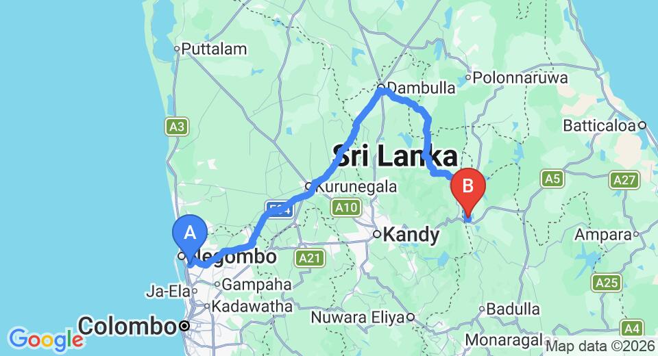 Driving route map: Colombo Airport (CMB) to Sorabora Gedara, Mahiyanganaya (218 km, approx 4 h 35 min private transfer)