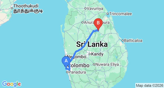 Driving route map: Ratmalana (RML) Airport to Minneriya (222 km, approx 4 h 39 min private transfer)