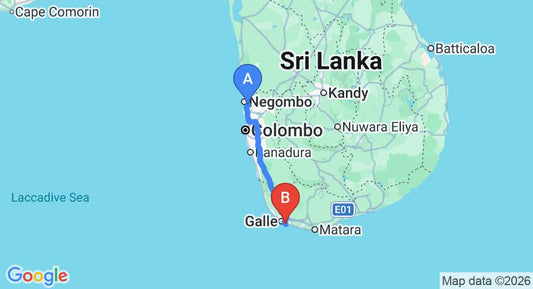 Driving route map: Colombo Airport (CMB) to Amor Villa, Unawatuna (154 km, approx 2 h 9 min private transfer)