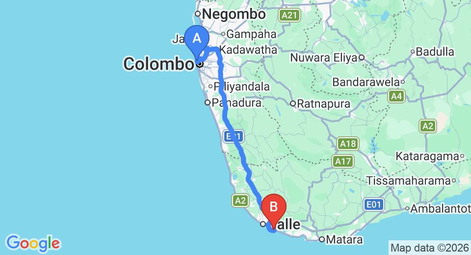 Driving route map: Colombo Seaport to Talpe (151 km, approx 2 h 12 min private transfer)