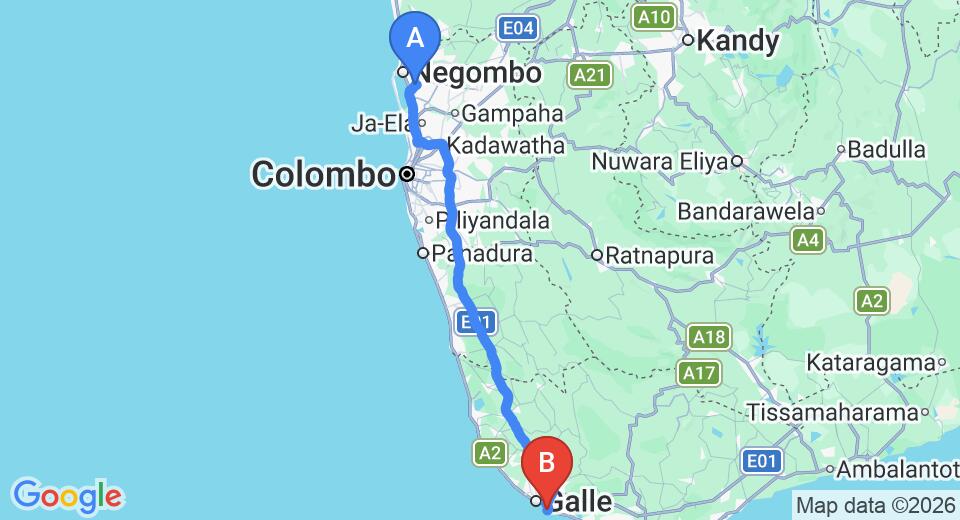 Driving route map: Colombo Airport (CMB) to Hotel Dhammika, Unawatuna (153 km, approx 2 h 10 min private transfer)