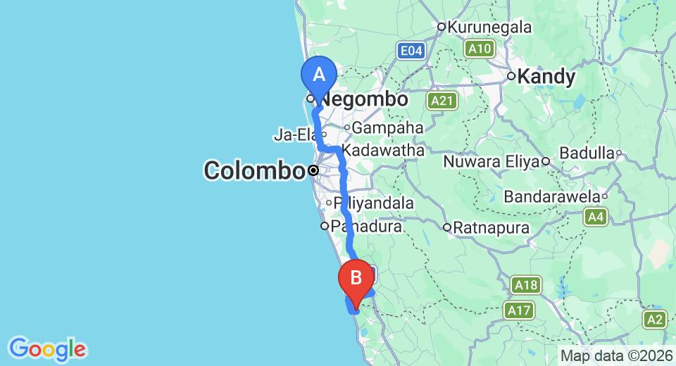 Driving route map: Colombo Airport (CMB) to Village Headman's Bungalow, Bentota (115 km, approx 1 h 52 min private transfer)