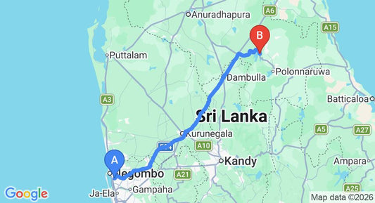 Driving route map: Colombo Airport (CMB) to Melad Holiday Bungalow, Minneriya (176 km, approx 3 h 42 min private transfer)