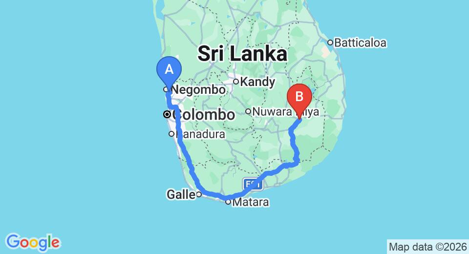 Driving route map: Colombo Airport (CMB) to Victory Inn, Moneragala (345 km, approx 4 h 56 min private transfer)