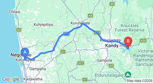 Driving route map: Colombo Airport (CMB) to Casa Lanka at Victoria Golf and Country Resort, Kandy (131 km, approx 3 h 23 min private transfer)