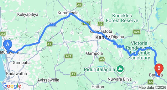 Driving route map: Colombo Airport (CMB) to Hotel Sanasta, Badulla (230 km, approx 5 h 52 min private transfer)