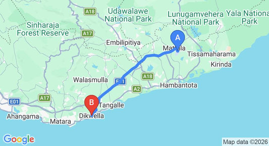 Driving route map: Mattala (HRI) Airport to Dikwella (67 km, approx 1 h 1 min private transfer)