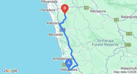 Driving route map: Hikkaduwa to Yala (78 km, approx 1 h 29 min private transfer)