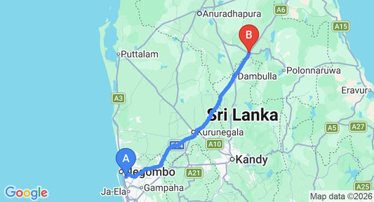 Driving route map: Colombo Airport (CMB) to The Ficus Grove, Habarana (151 km, approx 3 h 12 min private transfer)