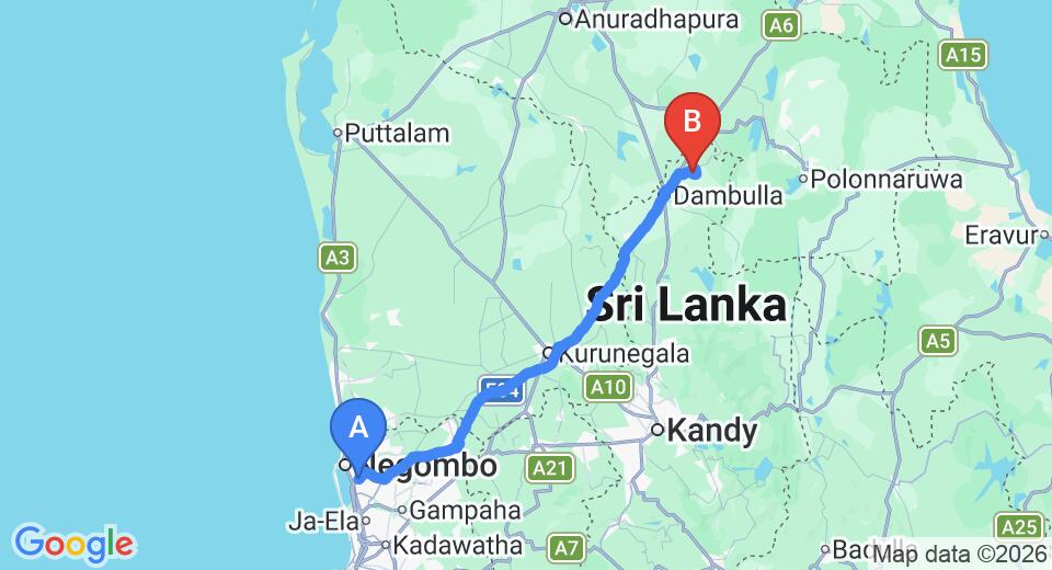 Driving route map: Colombo Airport (CMB) to The Hideout Sigiriya, Sigiriya (144 km, approx 3 h 12 min private transfer)