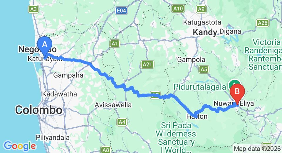 Driving route map: Colombo Airport (CMB) to Maples Luxury Holiday Resort, Nuwara Eliya (155 km, approx 4 h 47 min private transfer)