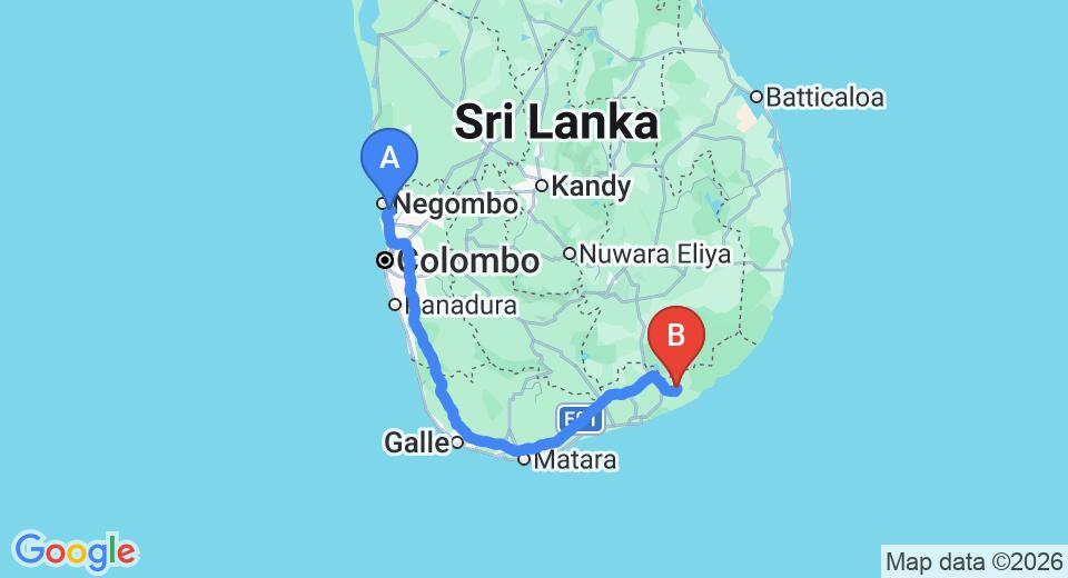 Driving route map: Colombo Airport (CMB) to Hotel Chandrika, Tissamaharama (281 km, approx 3 h 45 min private transfer)