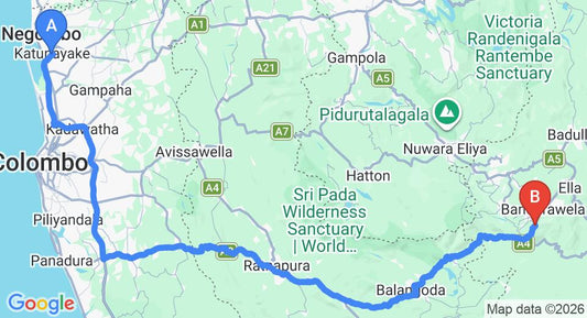 Driving route map: Colombo Airport (CMB) to Garfield Bungalow, Haputale (211 km, approx 5 h 5 min private transfer)