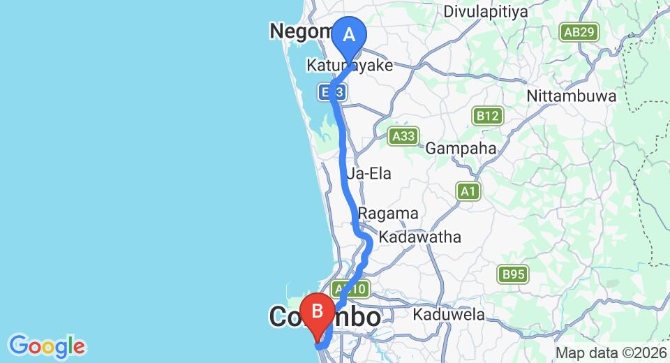 Driving route map: Colombo Airport (CMB) to Mandarina Colombo, Colombo (37 km, approx 51 min private transfer)