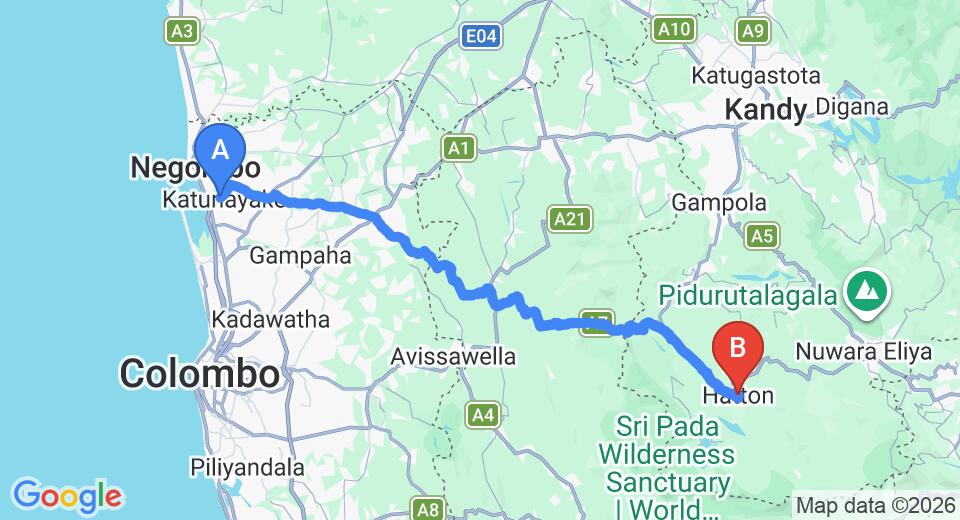 Driving route map: Colombo Airport (CMB) to The Peakrest Hotel, Hatton (116 km, approx 3 h 36 min private transfer)