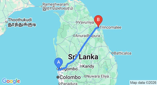 Driving route map: Colombo Airport (CMB) to Trincomalee (235 km, approx 4 h 43 min private transfer)