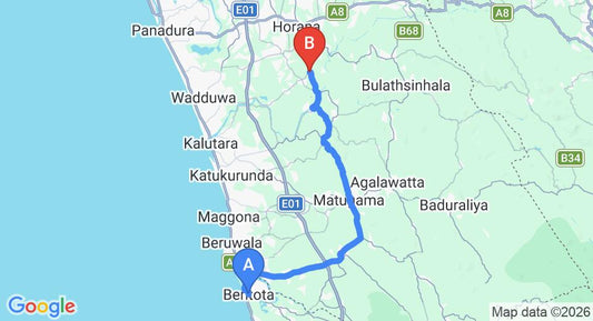 Driving route map: Bentota to Yala (44 km, approx 1 h 7 min private transfer)