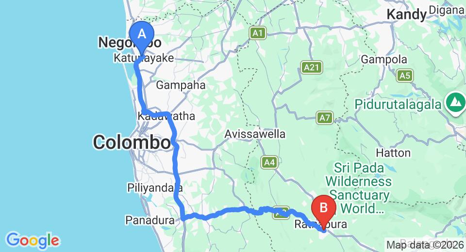 Driving route map: Colombo Airport (CMB) to The Nilani Lodge, Ratnapura (121 km, approx 2 h 36 min private transfer)