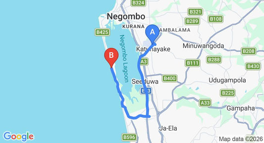 Driving route map: Colombo Airport (CMB) to Beach House, Negombo (22 km, approx 34 min private transfer)