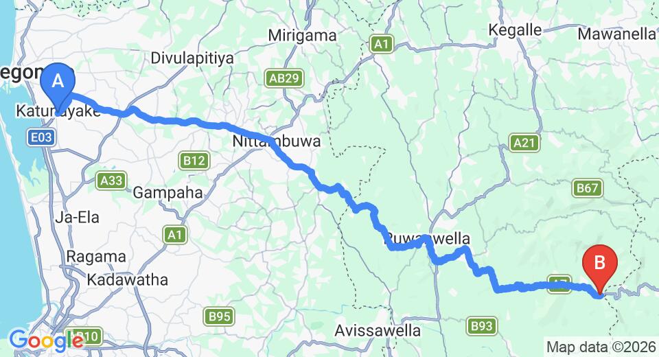Driving route map: Colombo Airport (CMB) to Borderlands Adveture Eco Lodge, Kitulgala (84 km, approx 2 h 29 min private transfer)