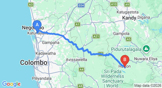 Driving route map: Colombo Airport (CMB) to Castlereigh Family Cottages, Hatton (117 km, approx 3 h 38 min private transfer)