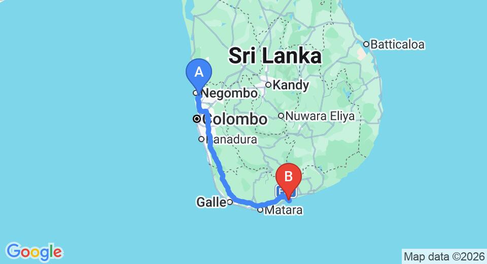 Driving route map: Colombo Airport (CMB) to Buckingham Place, Tangalle (222 km, approx 3 h 1 min private transfer)
