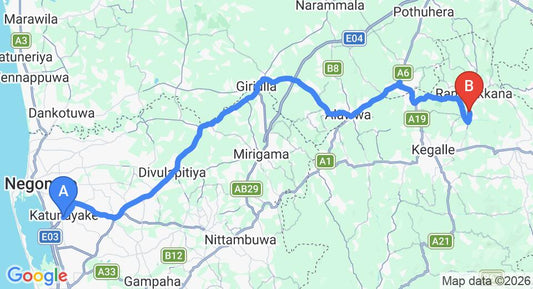 Driving route map: Colombo Airport (CMB) to Ralidiya Hotel, Pinnawala (77 km, approx 2 h 6 min private transfer)