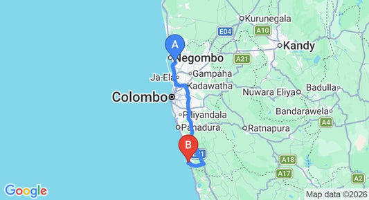 Driving route map: Colombo Airport (CMB) to Swanee Hotel, Beruwala (109 km, approx 1 h 45 min private transfer)