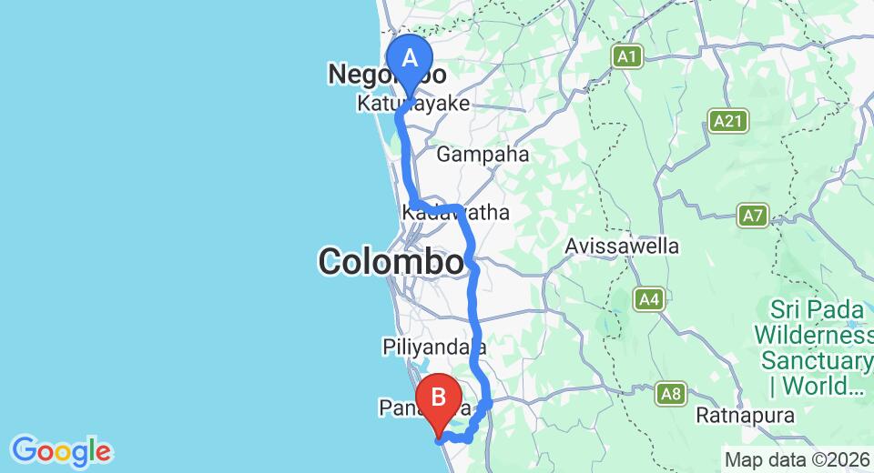 Driving route map: Colombo Airport (CMB) to Anjayu Villa, Wadduwa (79 km, approx 1 h 24 min private transfer)