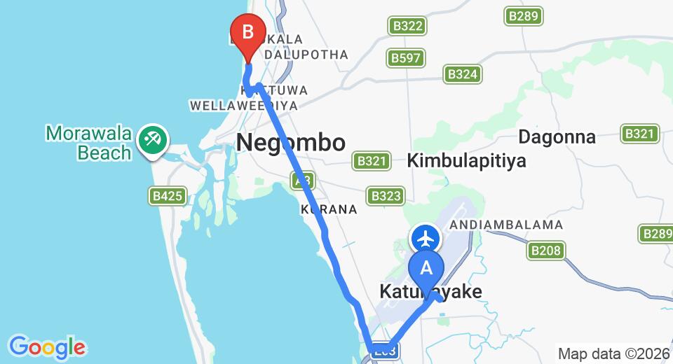 Driving route map: Colombo Airport (CMB) to Ocean View Guesthouse, Negombo (12 km, approx 29 min private transfer)