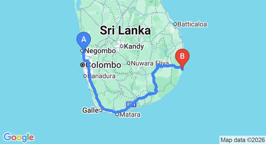 Driving route map: Colombo Airport (CMB) to Royal Beach, Arugam Bay (419 km, approx 6 h 30 min private transfer)