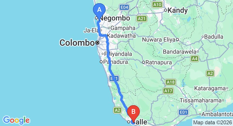 Driving route map: Colombo Airport (CMB) to Siyambala Villa, Unawatuna (153 km, approx 2 h 9 min private transfer)