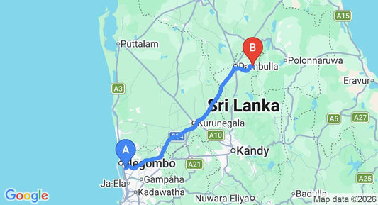 Driving route map: Colombo Airport (CMB) to Kotikawatta (146 km, approx 3 h 14 min private transfer)