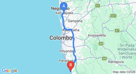 Driving route map: Colombo Airport (CMB) to Ritz Gate Kalutara, Kalutara (81 km, approx 1 h 26 min private transfer)