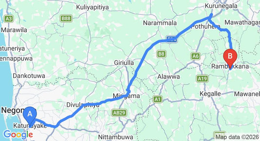 Driving route map: Colombo Airport (CMB) to Villa Pinnawala, Pinnawala (90 km, approx 2 h 3 min private transfer)